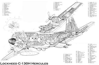 C130 H Cutaway Line Art poster tin Metal Print Wall Art